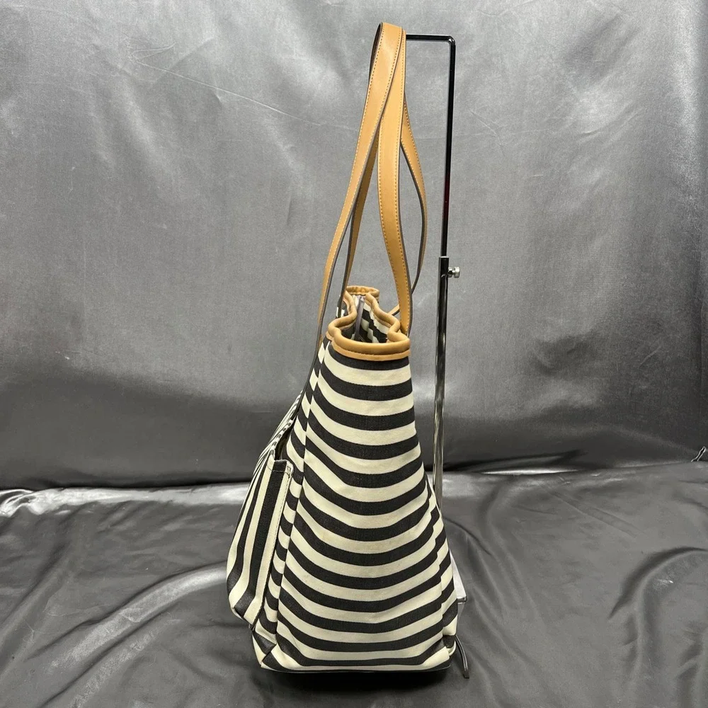 TWELVElittle Stripe Diaper Bag Tote Black White Tan Coated Canvas Large Carryall